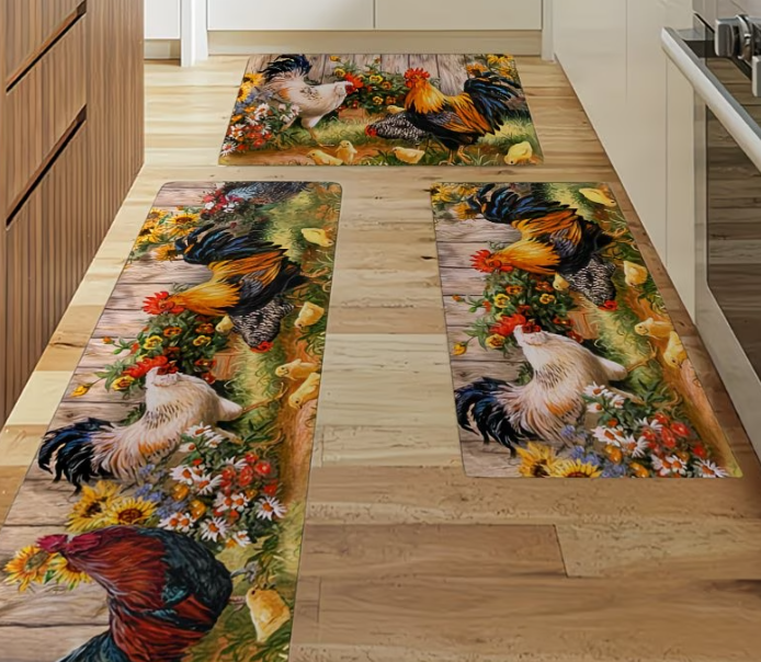 Farmhouse Rooster Kitchen Mat | Sunflower Non-Slip Floor Rug | Washable Countryside Decor