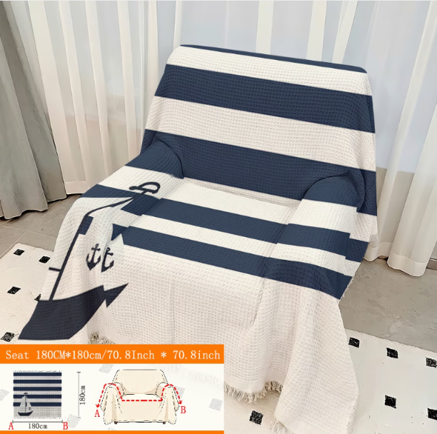 Ocean Stripe Sofa Throw Cover with Tassels | All-Season Furniture Protector | 8 Sizes