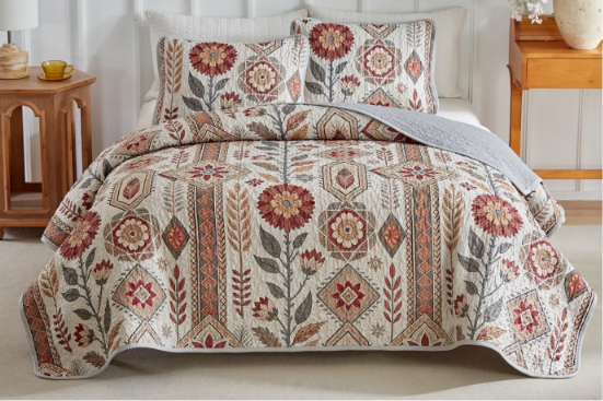 3 Piece Bohemian Sunflower Quilted Bedspread Set | Reversible Lightweight Bed Cover | Twin, Double, Queen & King