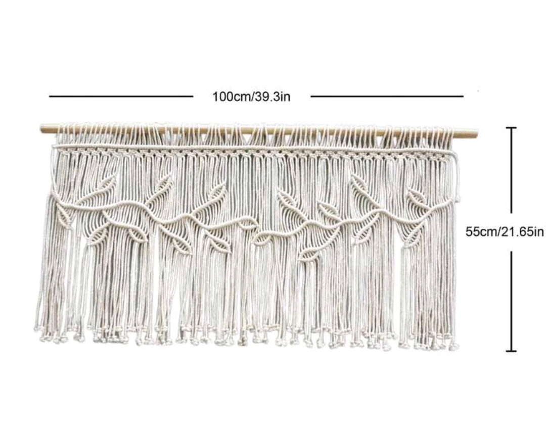 Boho Macrame Wall Hanging Tapestry – Handwoven Leaf Design Fringe Decor, Large Ivory Fiber Art for Living Room, Bedroom & Curtain Backdrop