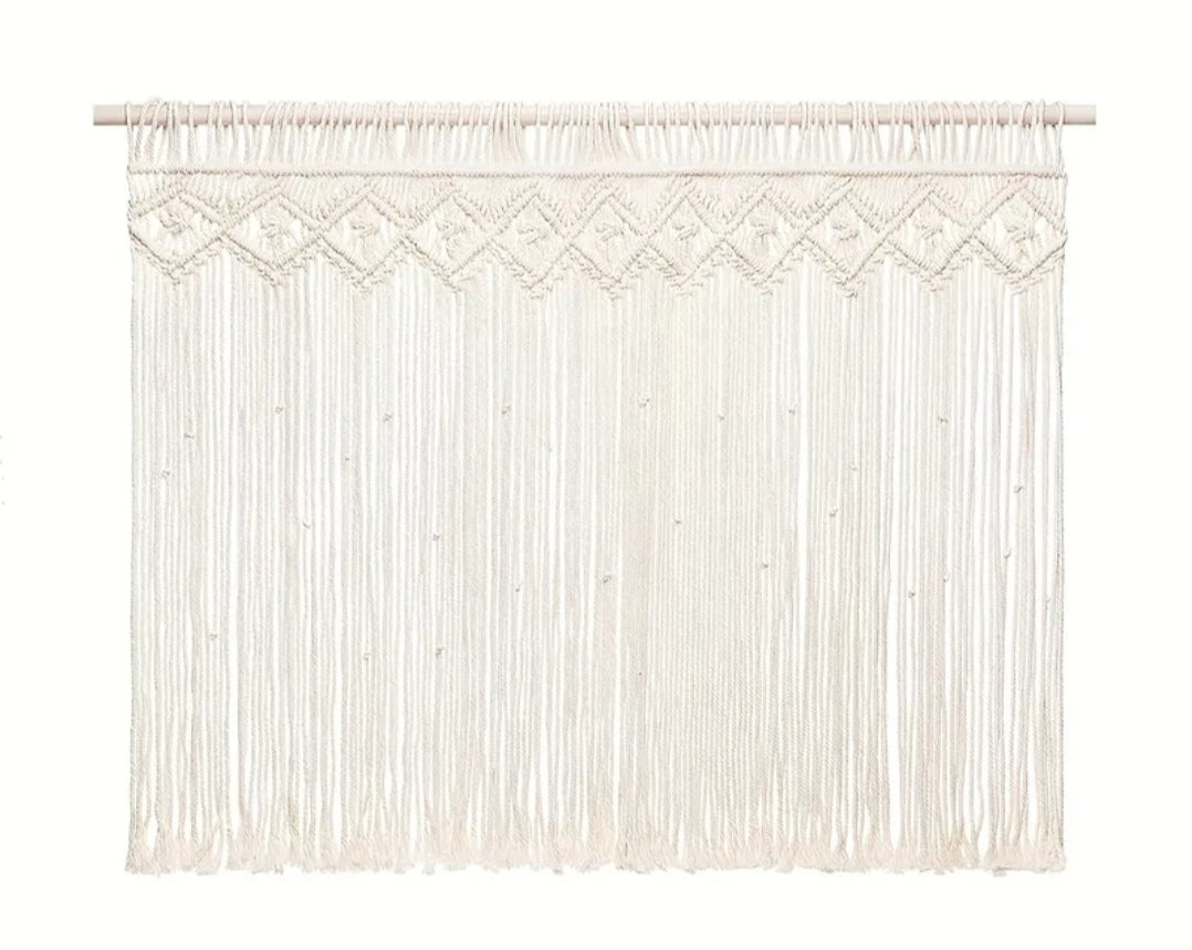Macrame Valance Curtain Ivory – Bohemian Handwoven Tassel Window or Wall Hanging (95x70cm)