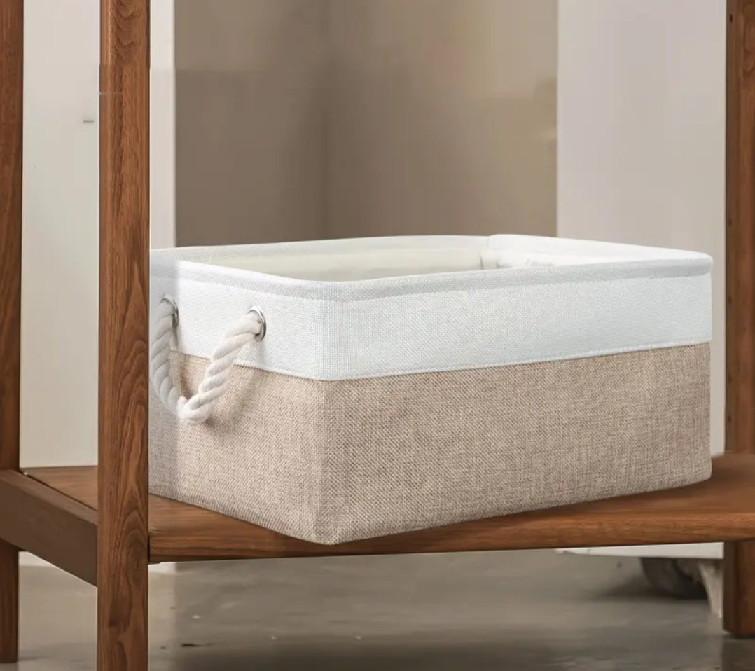 Foldable Linen Storage Basket with Rope Handles | Beige Fabric Organiser Basket | 34 x 23 x 17cm