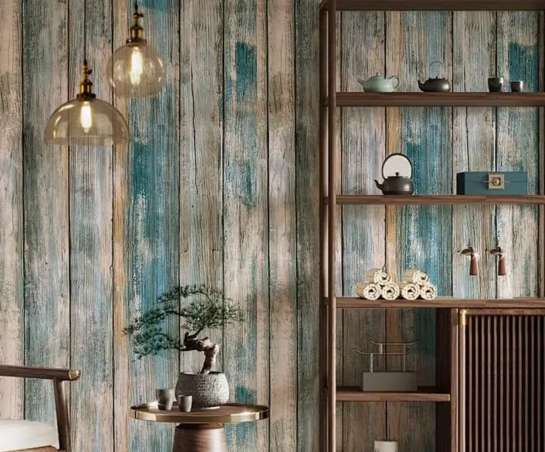 Ocean Blue Distressed Wood Peel & Stick Wallpaper – Self-Adhesive Waterproof Wall & Furniture Covering