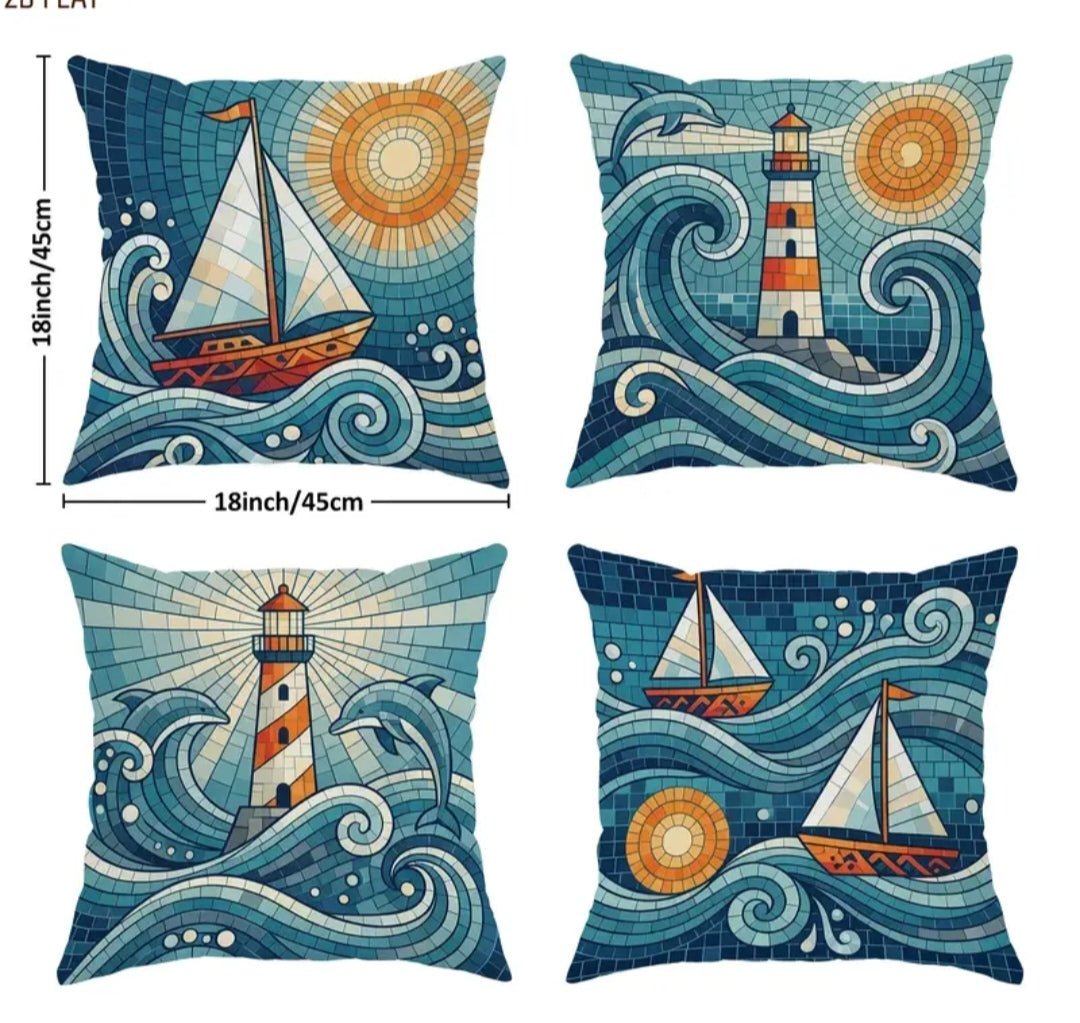 Coastal & Nautical Cushion Covers Set of 4 – Beach, Ocean, Sailboat & Maritime Designs 45x45cm each