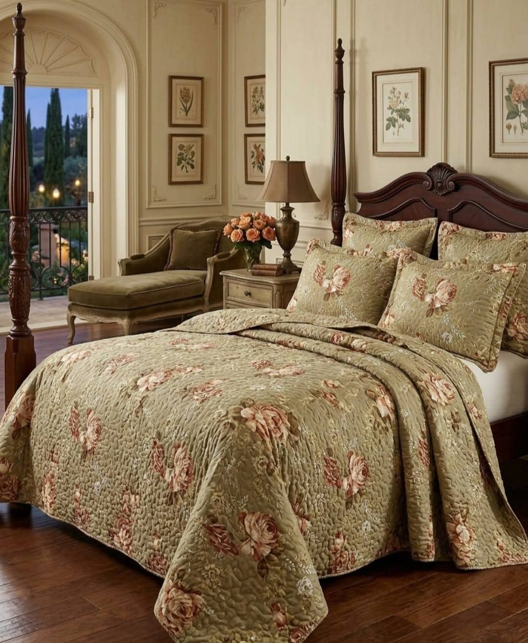 Luxury 5-Piece Cotton Bedspread Set with Floral Print – King Size Bedding Set with Pillowcases