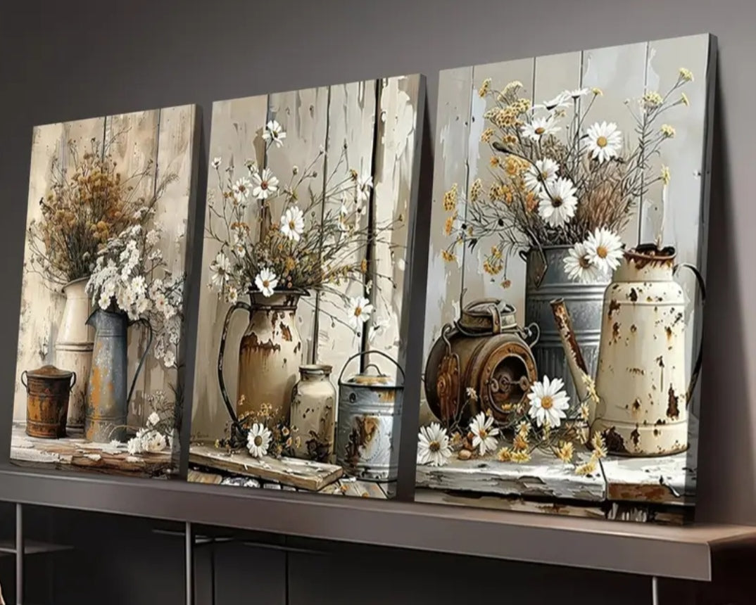 Rustic Floral 3 Piece Unframed Canvas Wall Art Set | Neutral Farmhouse Décor | 30x40cm Each