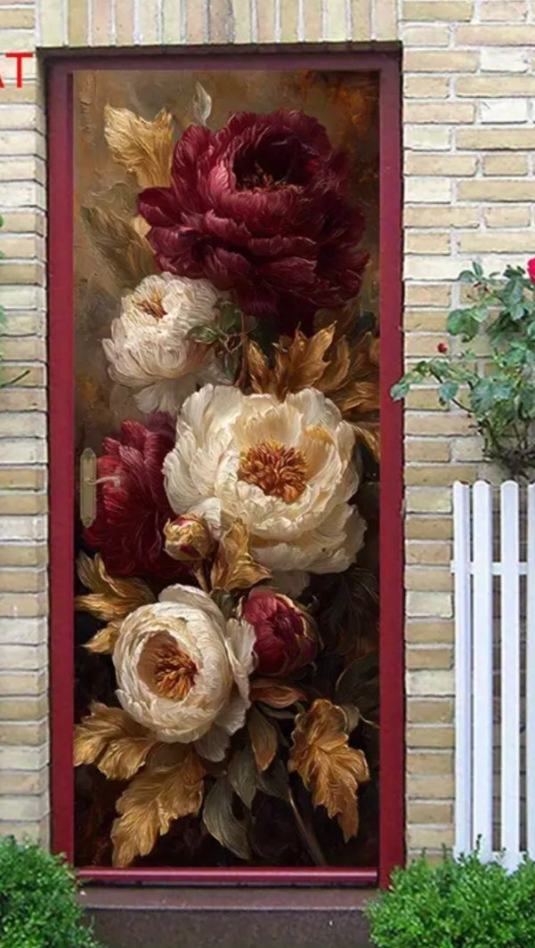 Luxury Floral Door Wallpaper Mural – Vintage Red & Cream Peony Wall Art Sticker