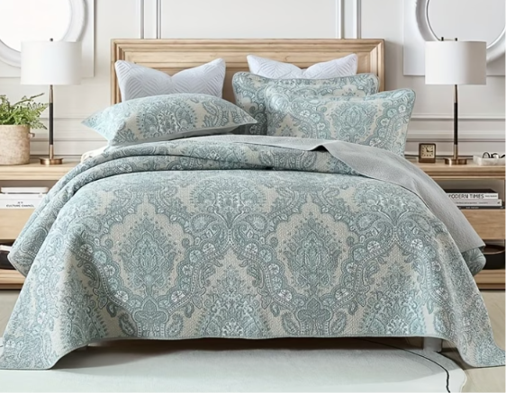 100% Cotton Blue Paisley Bedspread Set | 3 Piece Double Bedding Set | Soft & Breathable