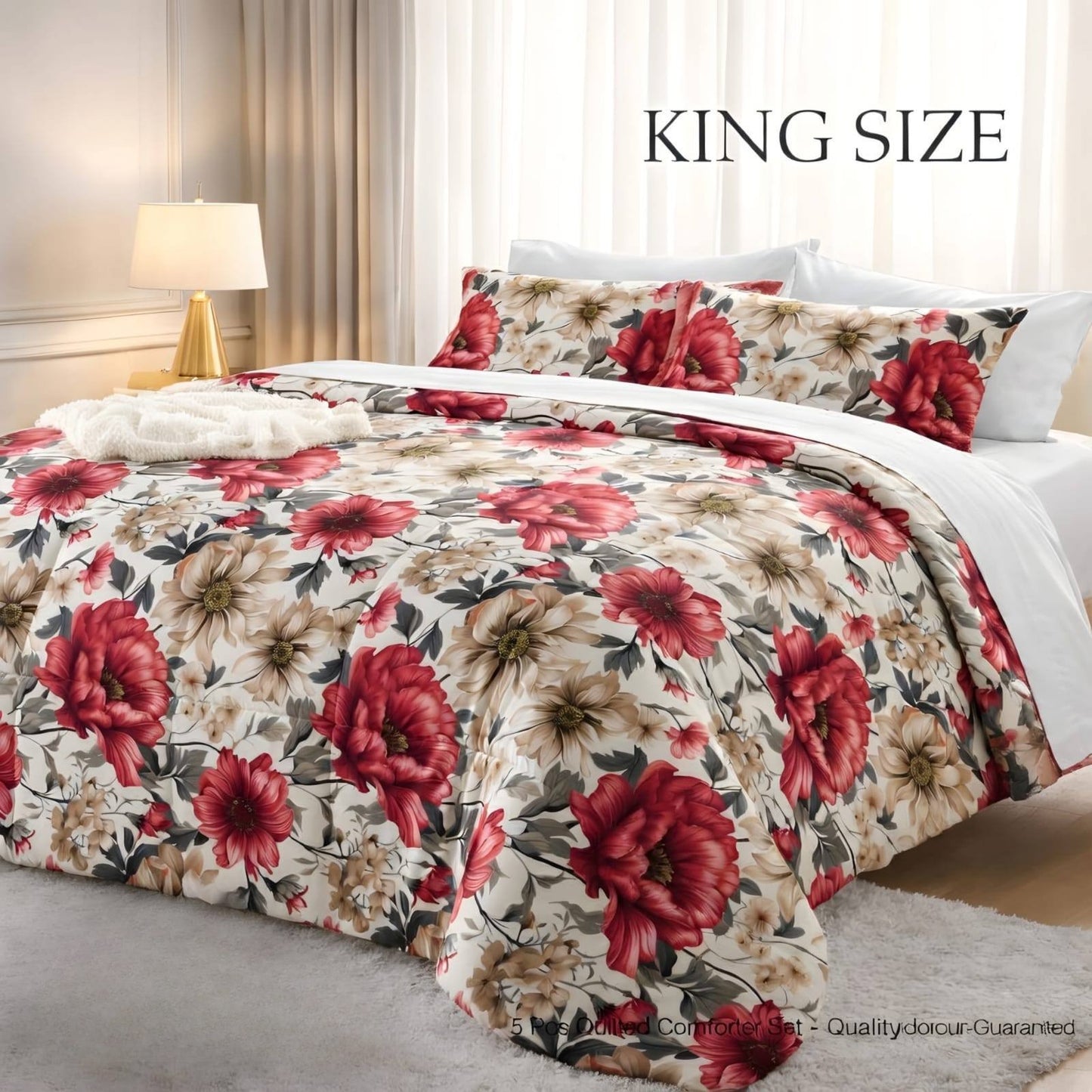 King/ Super King Size Floral Cotton Comforter Set – 5 Piece Luxury Bedding (250 × 270 cm)