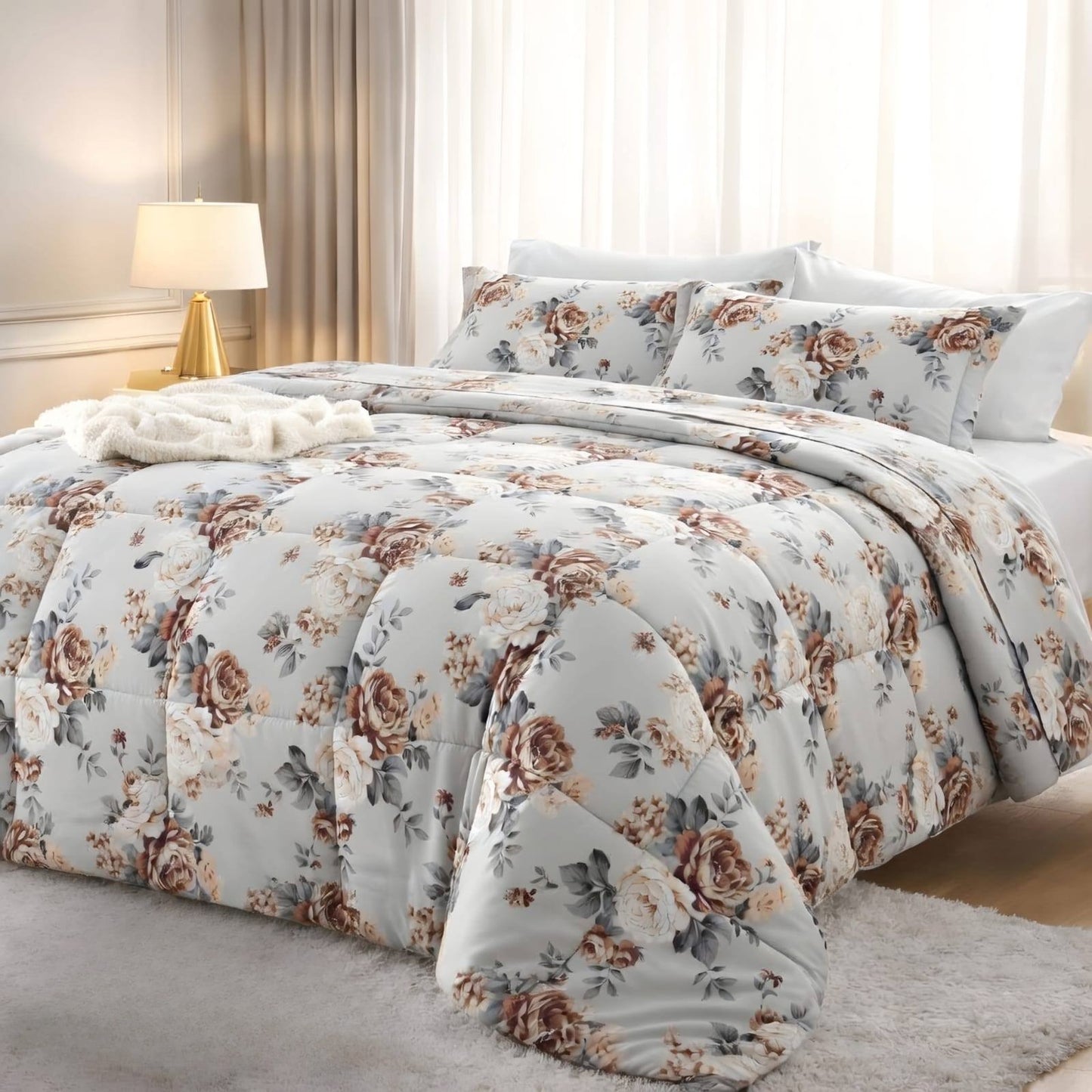 King/ Super King Size Floral Cotton Comforter Set – 5 Piece Luxury Bedding (250 × 270 cm)