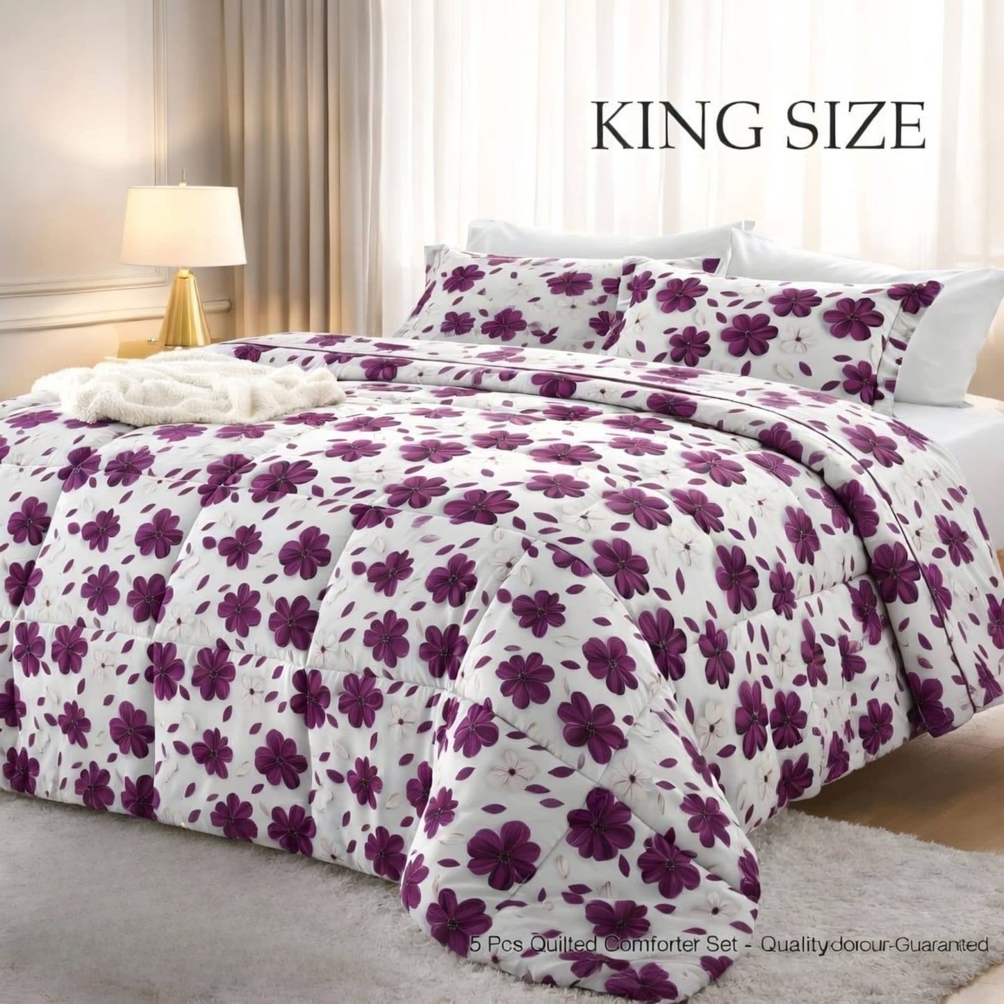 King/ Super King Size Floral Cotton Comforter Set – 5 Piece Luxury Bedding (250 × 270 cm)