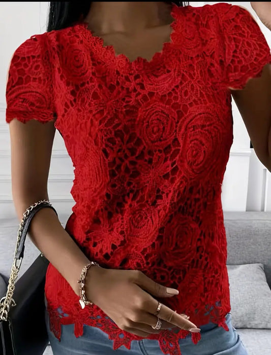 Shorter lace crew neck blouse