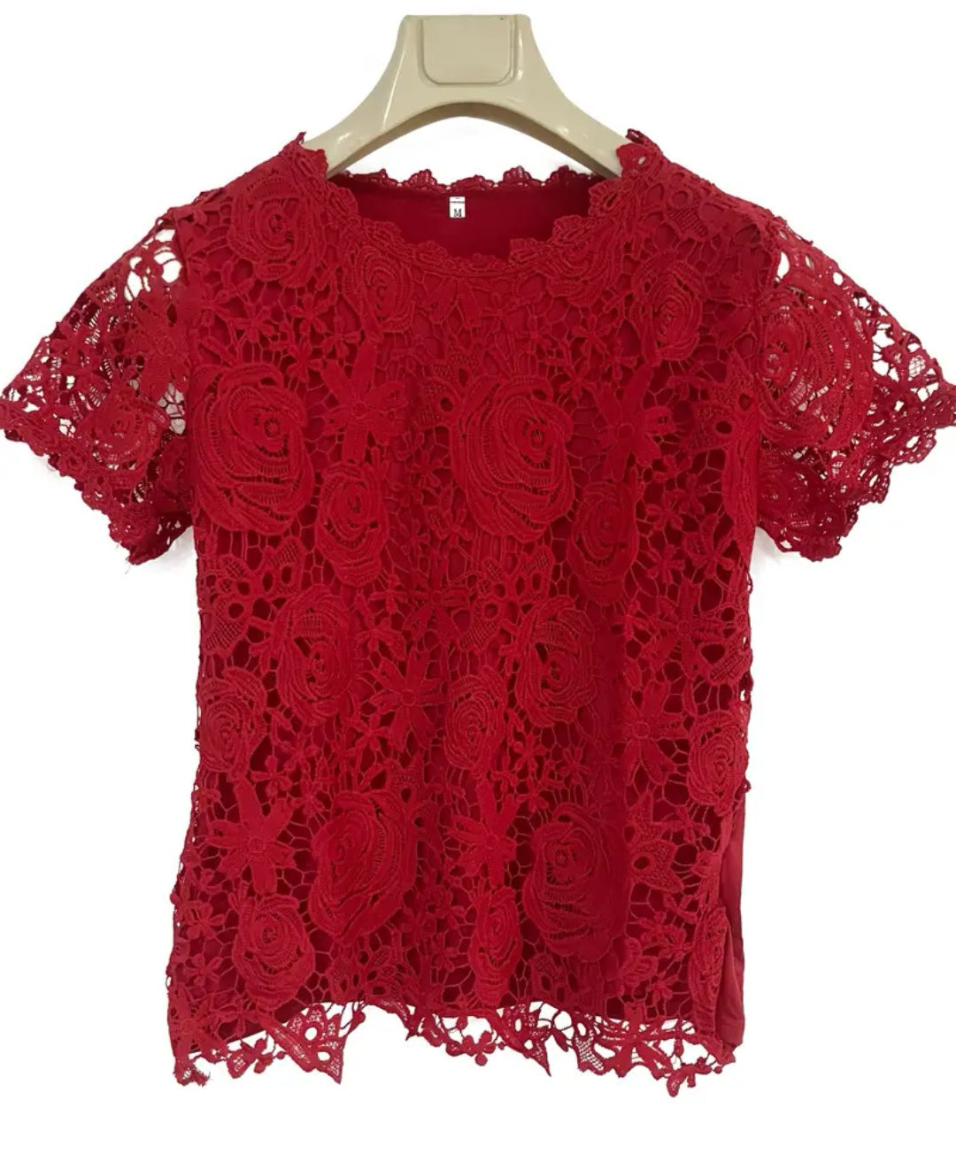 Shorter lace crew neck blouse