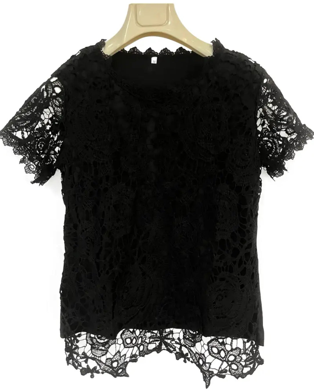 Shorter lace crew neck blouse