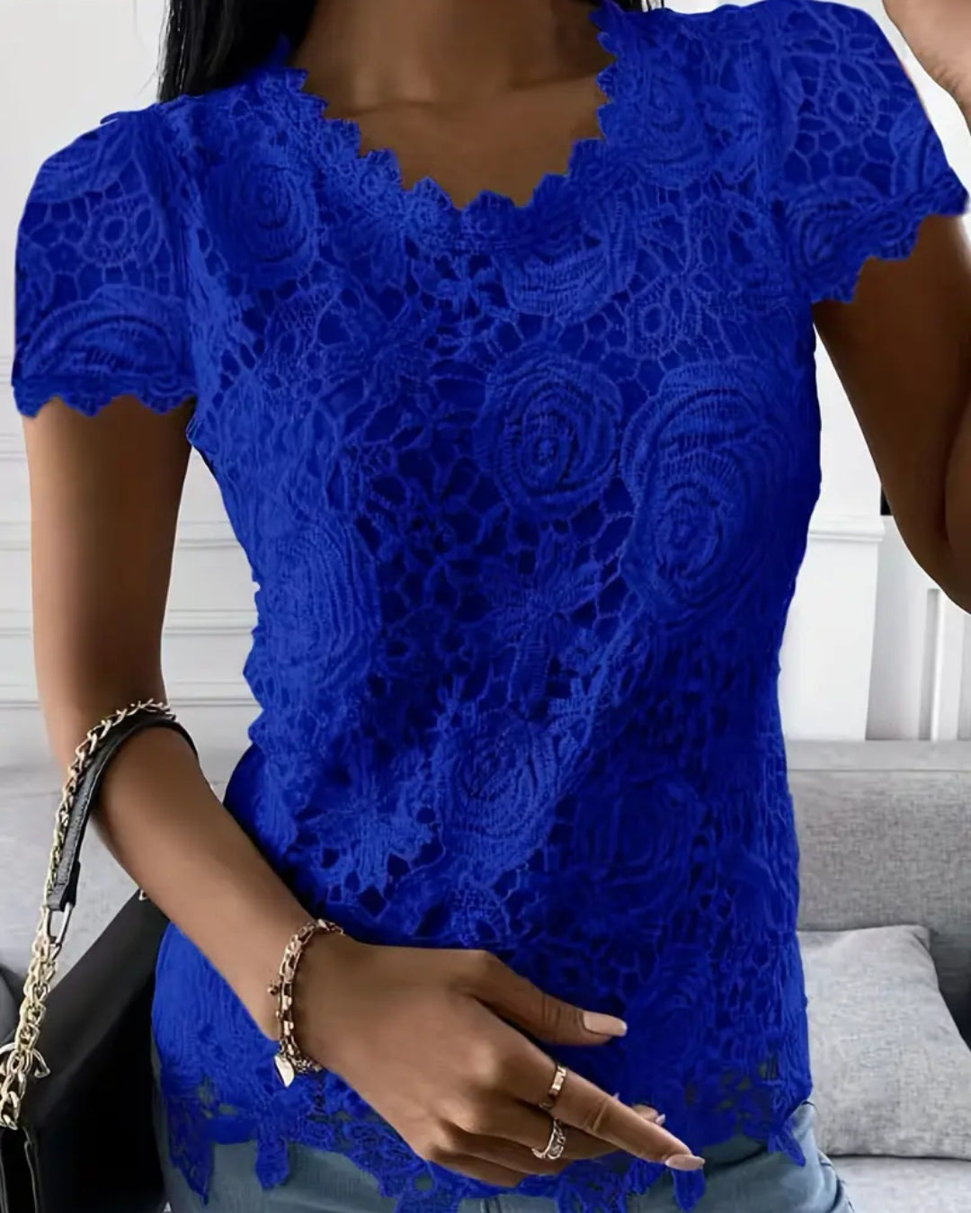 Shorter lace crew neck blouse