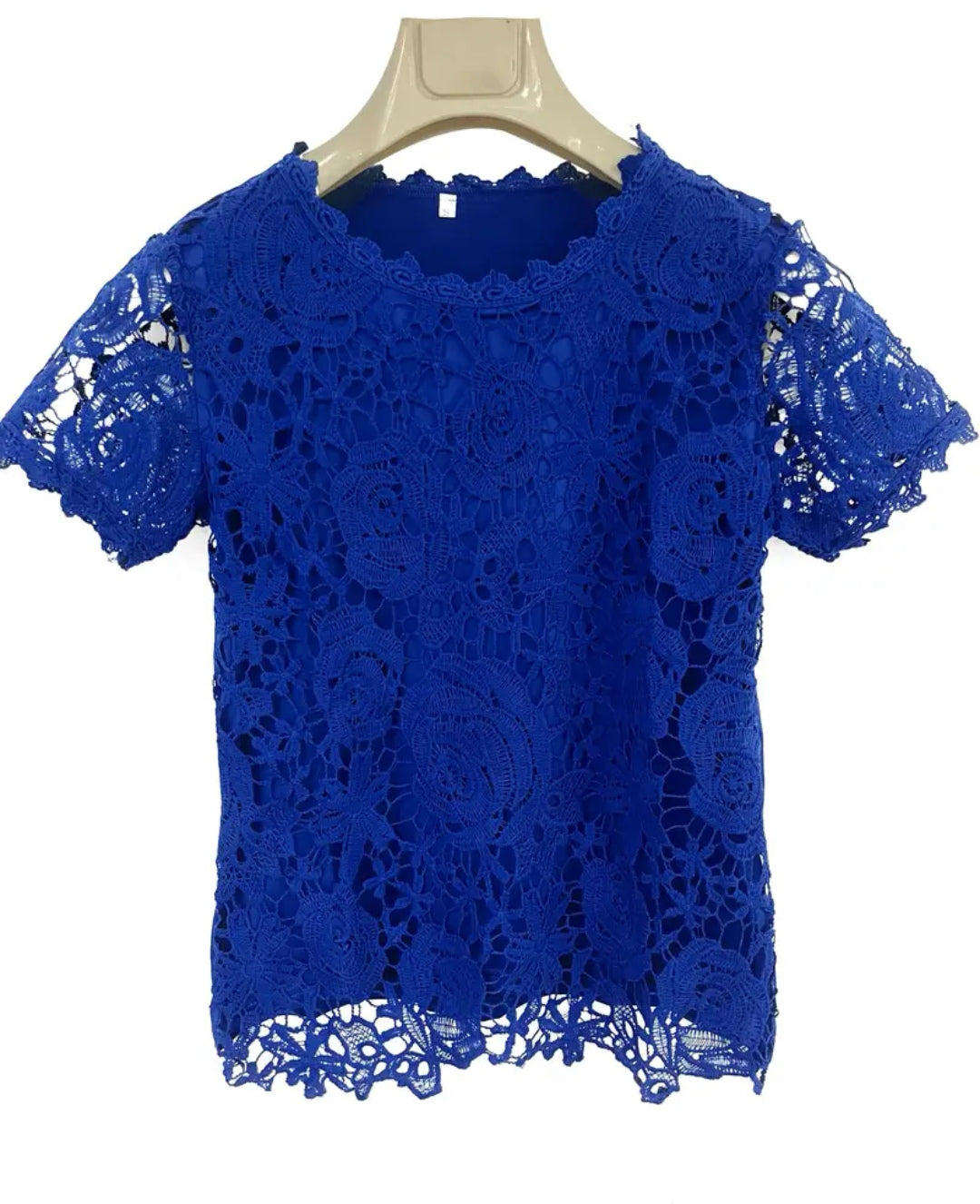 Shorter lace crew neck blouse