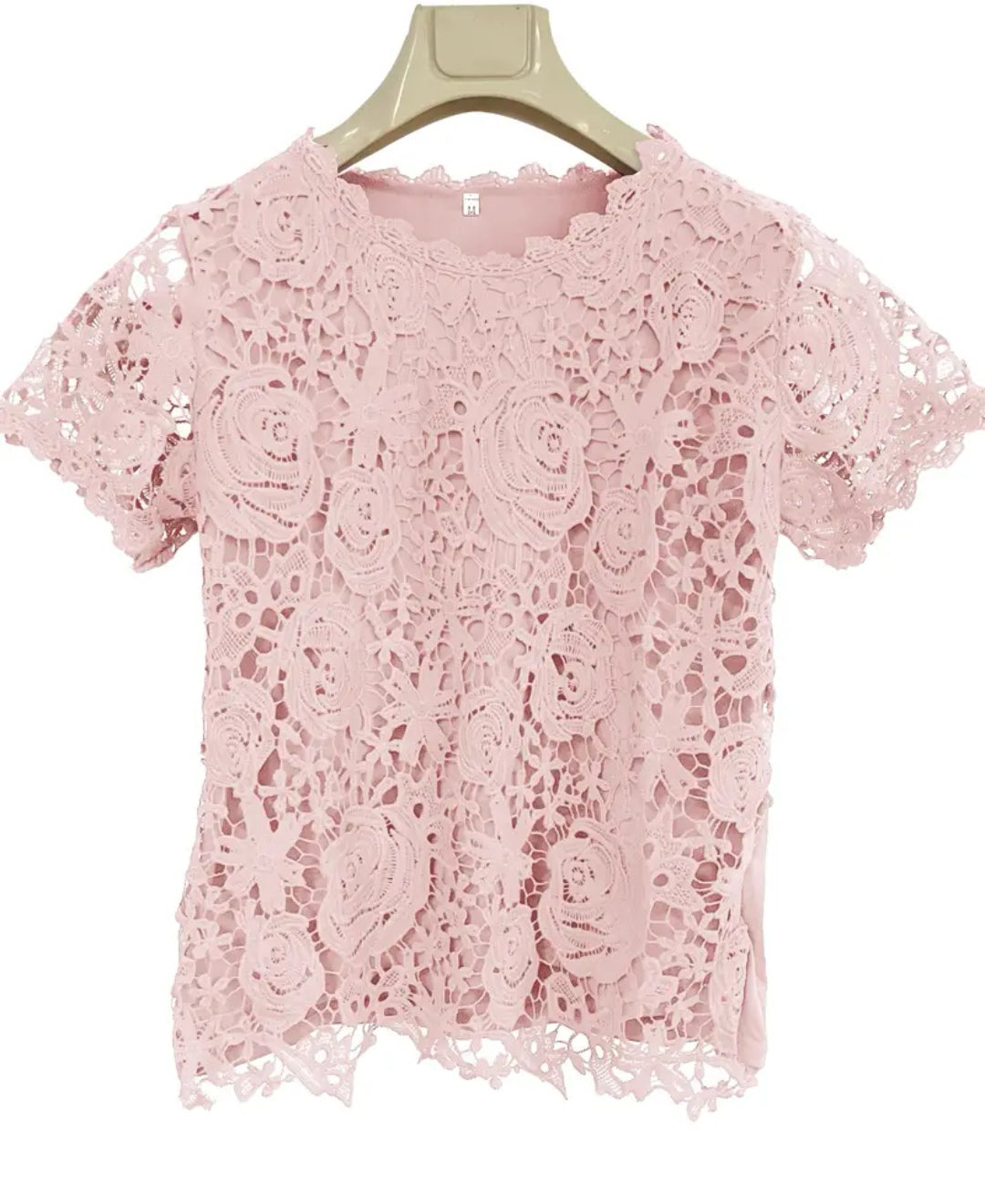 Shorter lace crew neck blouse