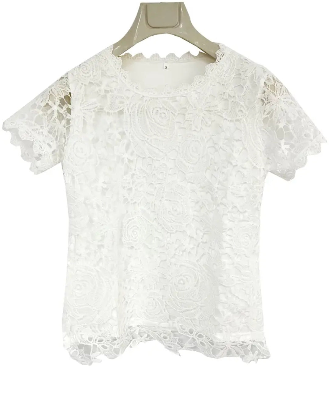 Shorter lace crew neck blouse