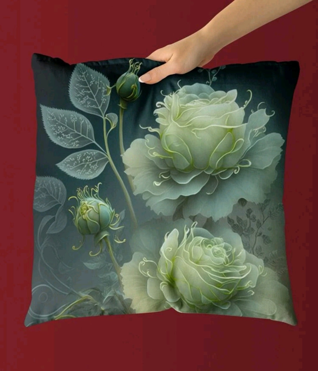 Green rose print cushion covers