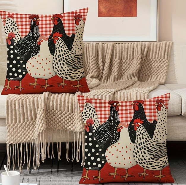 2PCS Farmhouse Chicken Pillow Covers 45X45CM | Red Checkered Rooster Cushion Covers | Soft Plush Sofa Decor
