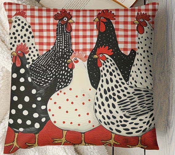 2PCS Farmhouse Chicken Pillow Covers 45X45CM | Red Checkered Rooster Cushion Covers | Soft Plush Sofa Decor
