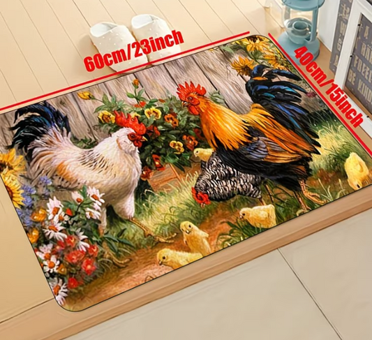 Farmhouse Rooster Kitchen Mat | Sunflower Non-Slip Floor Rug | Washable Countryside Decor