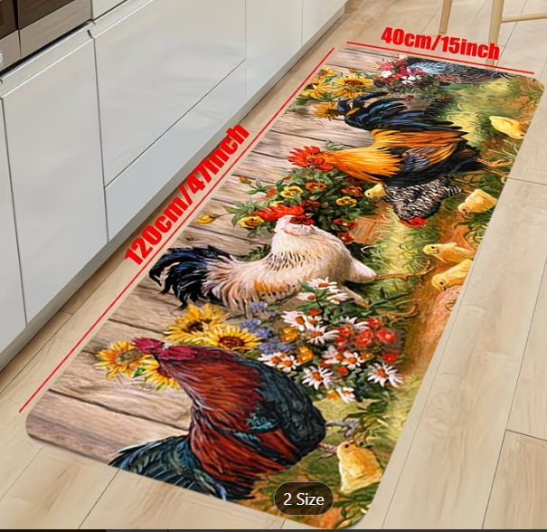 Farmhouse Rooster Kitchen Mat | Sunflower Non-Slip Floor Rug | Washable Countryside Decor