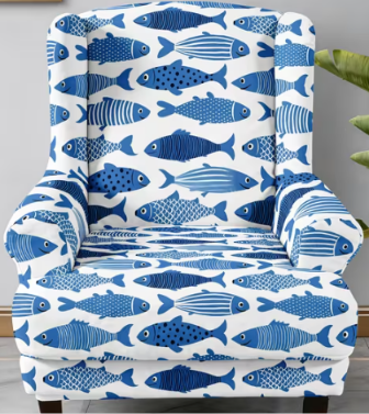 Blue Fish Print Wingback Chair Slipcover | Stretch Armchair Cover