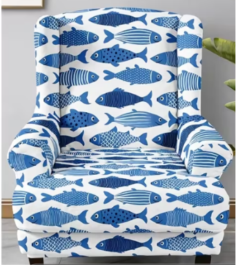 Blue Fish Print Wingback Chair Slipcover | Stretch Armchair Cover