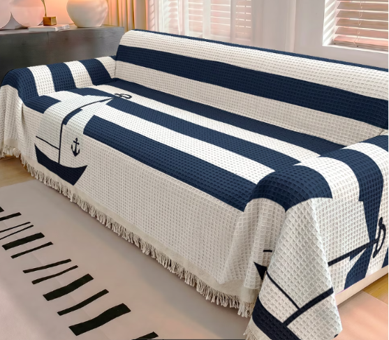 Ocean Stripe Sofa Throw Cover with Tassels | All-Season Furniture Protector | 8 Sizes