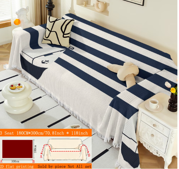 Ocean Stripe Sofa Throw Cover with Tassels | All-Season Furniture Protector | 8 Sizes