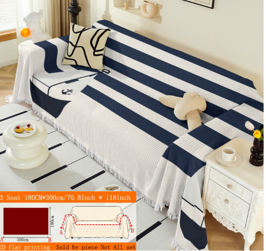 Ocean Stripe Sofa Throw Cover with Tassels | All-Season Furniture Protector | 8 Sizes