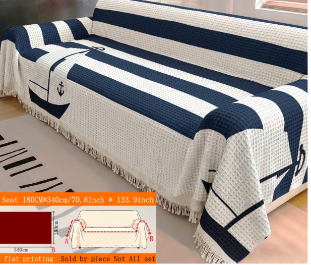 Ocean Stripe Sofa Throw Cover with Tassels | All-Season Furniture Protector | 8 Sizes