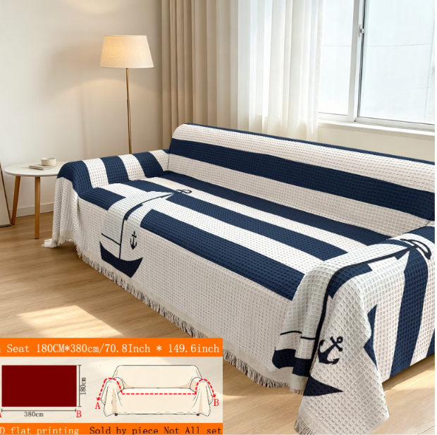 Ocean Stripe Sofa Throw Cover with Tassels | All-Season Furniture Protector | 8 Sizes