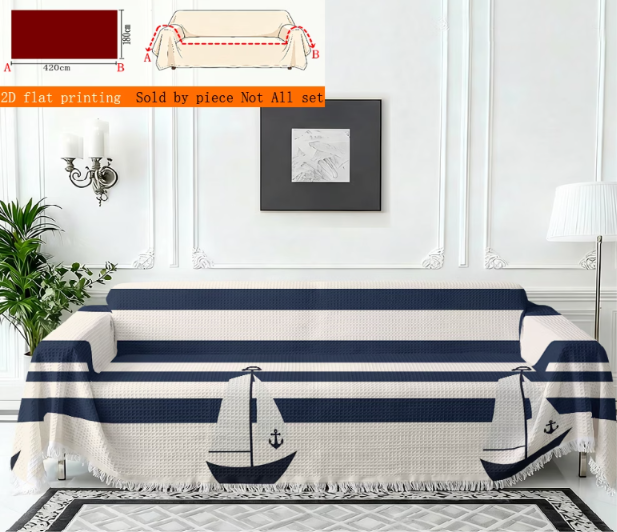 Ocean Stripe Sofa Throw Cover with Tassels | All-Season Furniture Protector | 8 Sizes