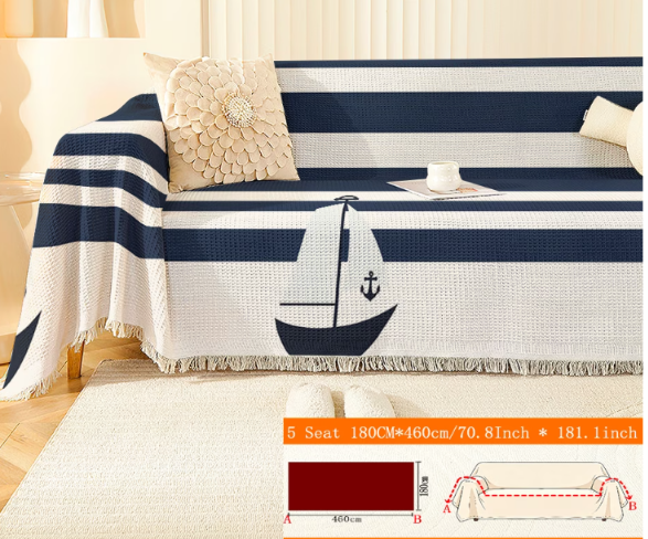 Ocean Stripe Sofa Throw Cover with Tassels | All-Season Furniture Protector | 8 Sizes