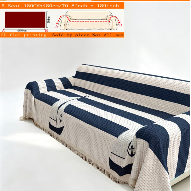 Ocean Stripe Sofa Throw Cover with Tassels | All-Season Furniture Protector | 8 Sizes