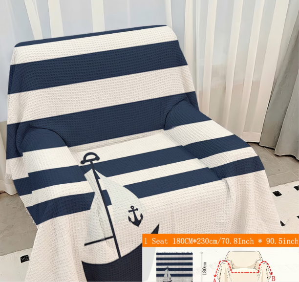 Ocean Stripe Sofa Throw Cover with Tassels | All-Season Furniture Protector | 8 Sizes