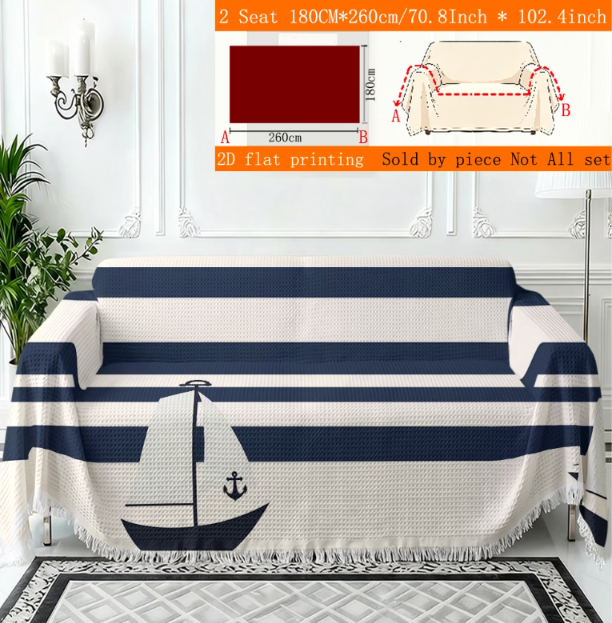 Ocean Stripe Sofa Throw Cover with Tassels | All-Season Furniture Protector | 8 Sizes