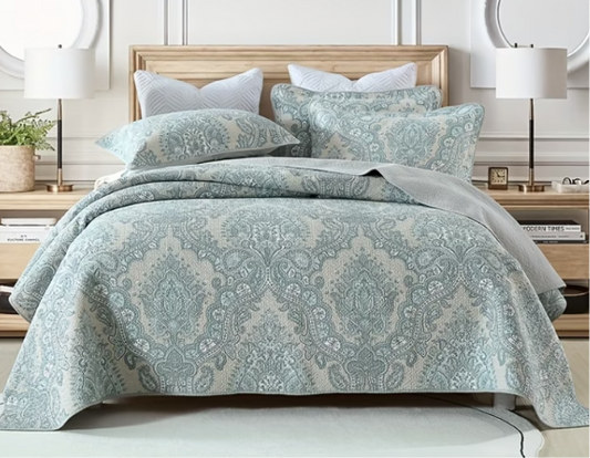 100% Cotton Blue Paisley Bedspread Set | 3 Piece Double Bedding Set | Soft & Breathable