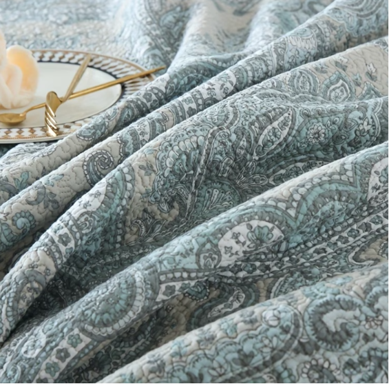 100% Cotton Blue Paisley Bedspread Set | 3 Piece Double Bedding Set | Soft & Breathable