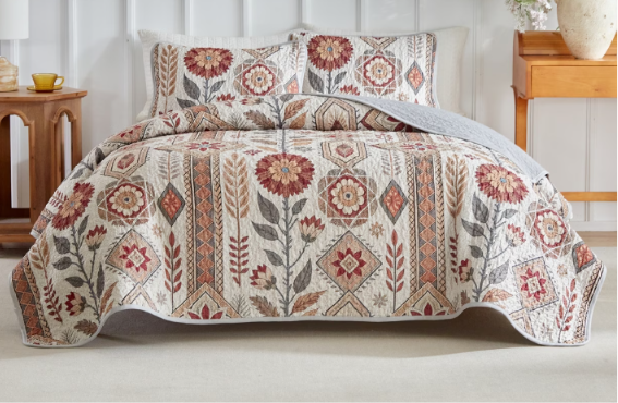 3 Piece Bohemian Sunflower Quilted Bedspread Set | Reversible Lightweight Bed Cover | Twin, Double, Queen & King