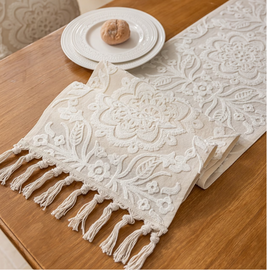 Embroidered Mandala Floral Table Runner with Tassels | Elegant Dining Table Centrepiece | 1 Piece