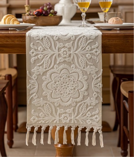 Embroidered Mandala Floral Table Runner with Tassels | Elegant Dining Table Centrepiece | 1 Piece