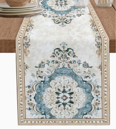 100% Linen Blue Medallion Table Runner | Elegant Dining Table Décor