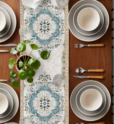 100% Linen Blue Medallion Table Runner | Elegant Dining Table Décor