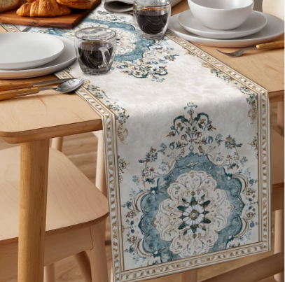 100% Linen Blue Medallion Table Runner | Elegant Dining Table Décor