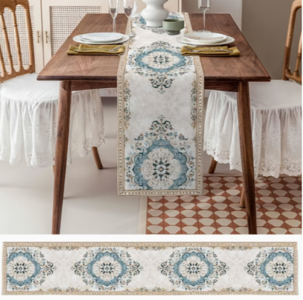 100% Linen Blue Medallion Table Runner | Elegant Dining Table Décor