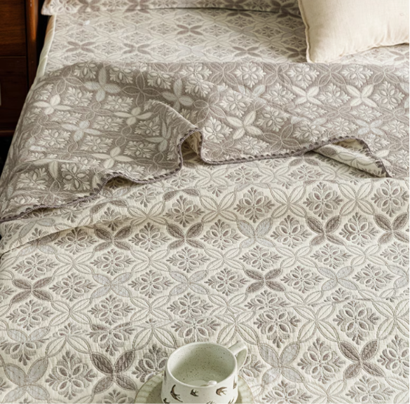 100% Cotton 3-Layer Gauze Summer Cooling Quilt | Breathable Jacquard Bed Cover | Single, Three Quarter & Double