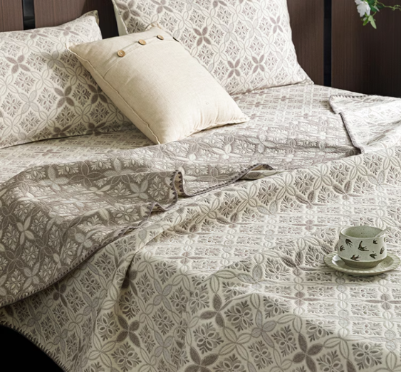 100% Cotton 3-Layer Gauze Summer Cooling Quilt | Breathable Jacquard Bed Cover | Single, Three Quarter & Double